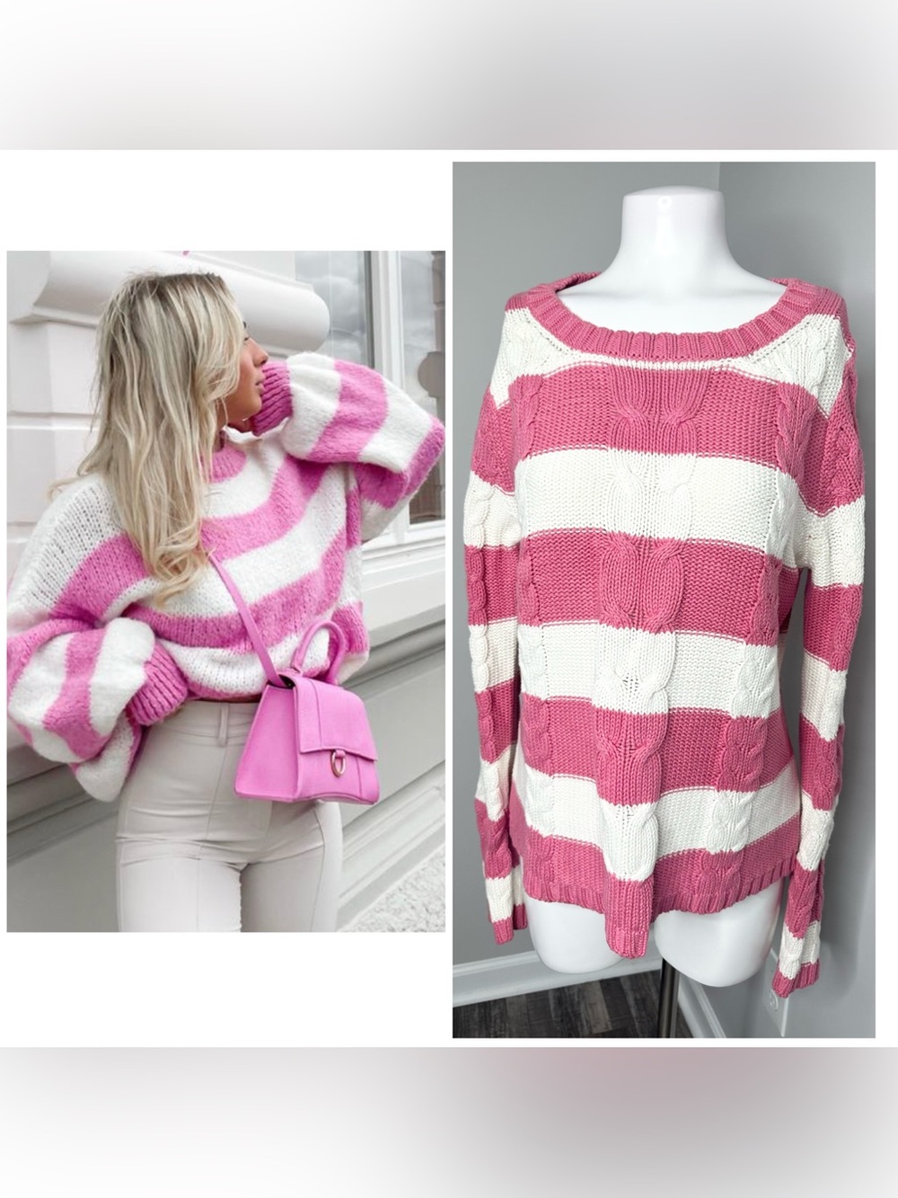 Old Navy Pink & White Striped Cable Knit Crew Sweater- L